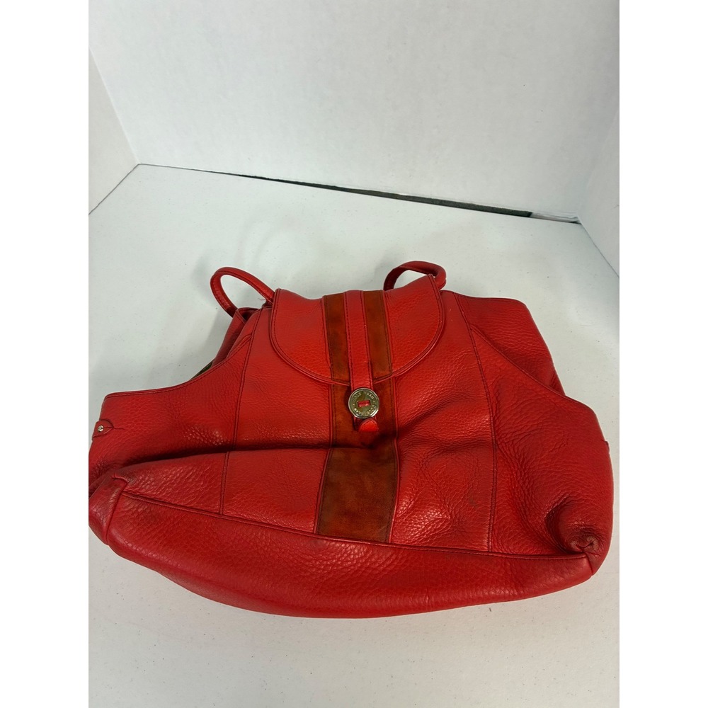 Cole Haan Red Pebbled Leather Suede Stripe Shoulder Bag Tote Silver Turn Lock